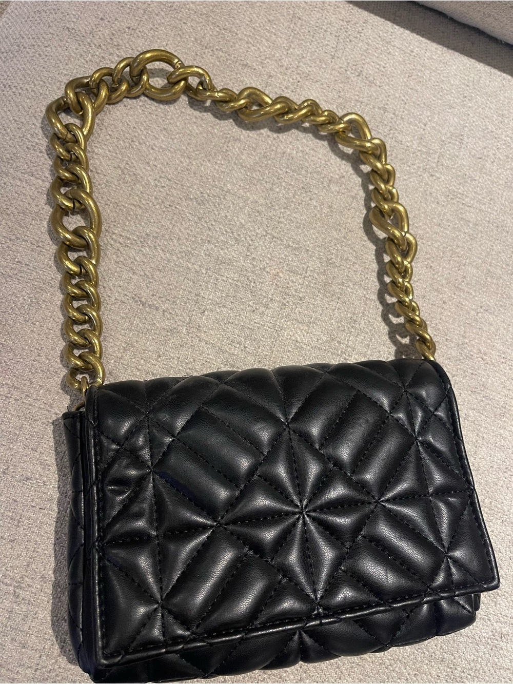 Zara Quilted Black faux Leather shoulder Bag with Gold Chain